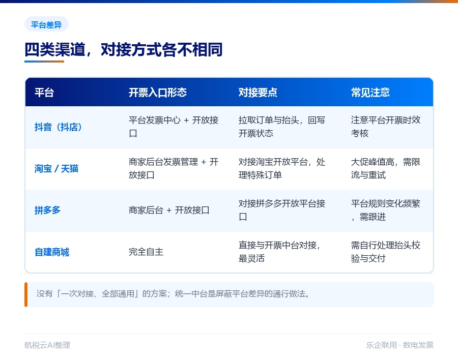 电商平台对接数电发票完整方案:抖音 / 淘宝 / 拼多多怎么接(2026 最新版)(图4) 抖音、淘宝、拼多多、自建商城四类渠道的对接差异