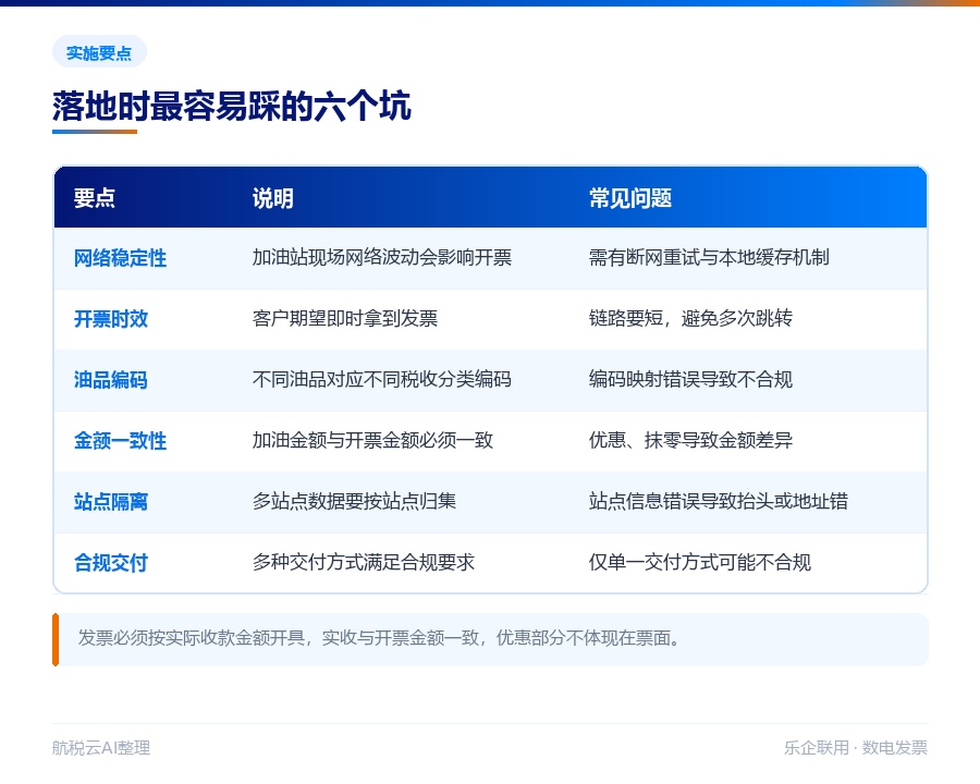 加油站交易即开票方案:零管系统怎么对接乐企联用(2026 最新版)(图4) 加油站开票实施中的六个关键要点