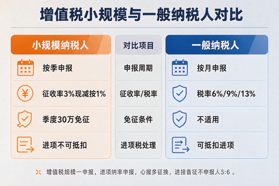 增值税到底怎么报?小规模与一般纳税人全解析(2026最新)(图1) 小规模与一般纳税人身份对比