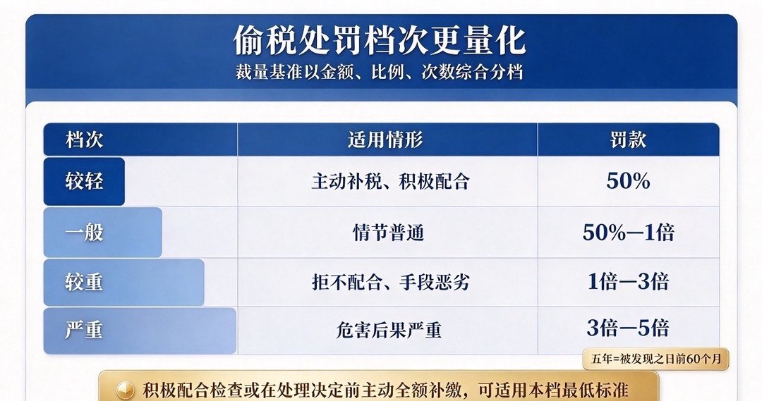 11月1日起,税务处罚全国一把尺子:9类66项、偷税分四档怎么罚(图5) 偷税处罚档次速查表