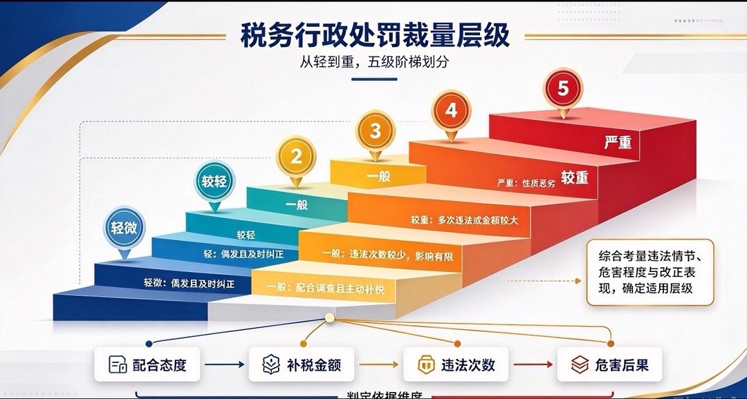 11月1日起,税务处罚全国一把尺子:9类66项、偷税分四档怎么罚(图4) 税务行政处罚裁量五级阶梯:轻微·较轻·一般·较重·严重
